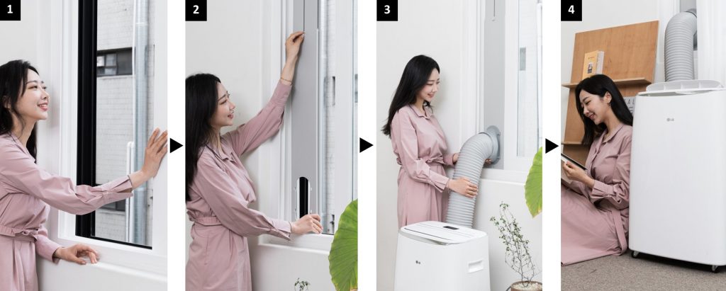  LG전자는 고객이 직접 이동식 에어컨을 간편하게 설치해 사용할 수 있도록 한국의 창틀을 고려해 간편설치 키트를 기본 제공한다. 고객은 에어컨을 이용하려는 공간의 창문을 조금 열어(사진 1) 설치 키트를 체결한 후(사진 2) 더운 바람을 내보내는 배관을 연결하면(사진 3) 냉방성능과 에너지 효율이 뛰어난 이동식 에어컨을 손쉽게 이용할 수 있다(사진 4)