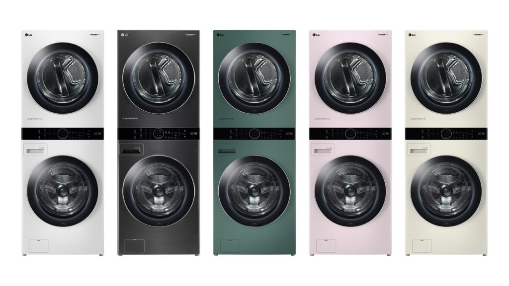 LG전자가 3일 출시한 에너지효율 1등급 '트롬 워시타워' 제품사진. 왼쪽부터 릴리 화이트, 스페이스 블랙, 포레스트 그린, 코랄 핑크, 샌드 베이지 색상. 