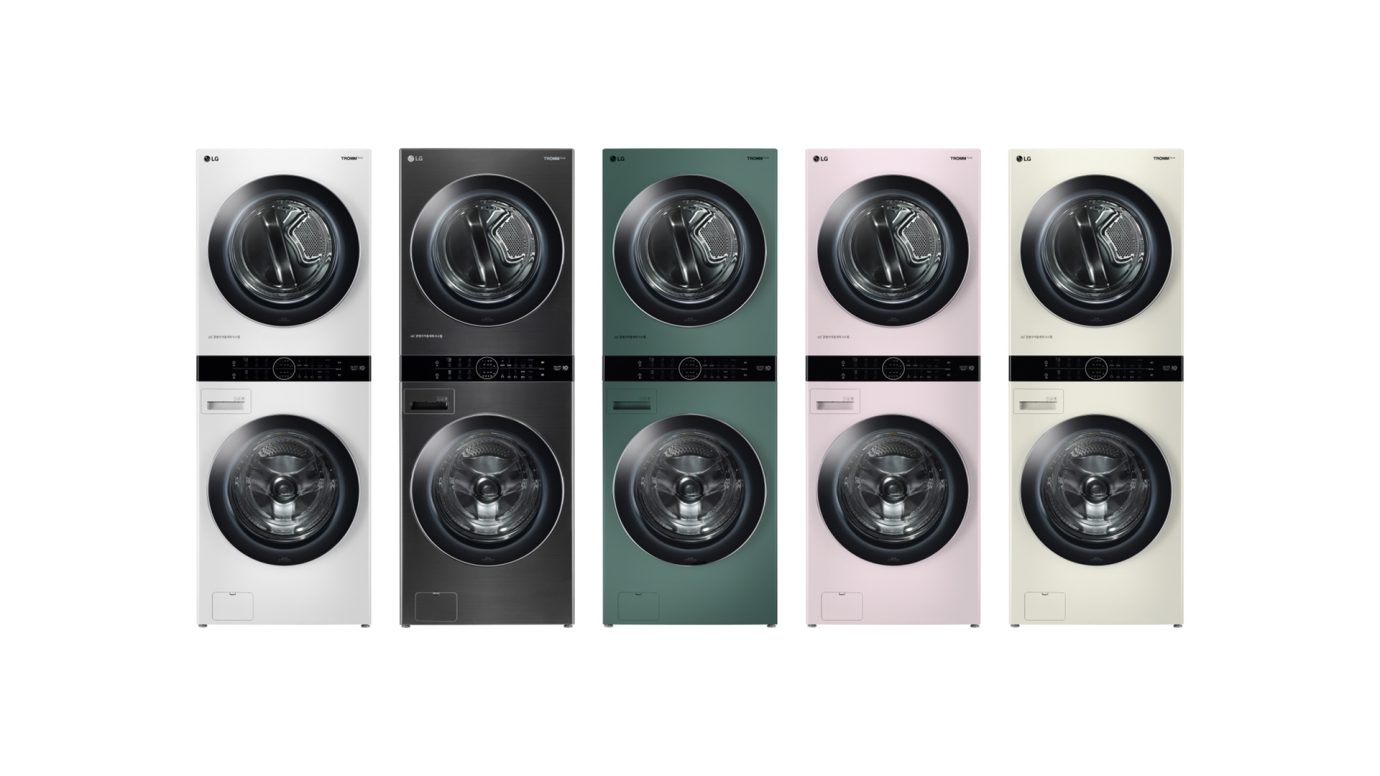 LG전자가 3일 출시한 에너지효율 1등급 '트롬 워시타워' 제품사진. 왼쪽부터 릴리 화이트, 스페이스 블랙, 포레스트 그린, 코랄 핑크, 샌드 베이지 색상.