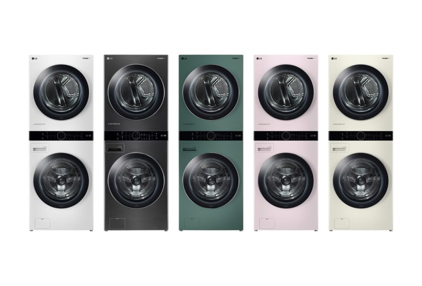 LG전자가 3일 출시한 에너지효율 1등급 '트롬 워시타워' 제품사진. 왼쪽부터 릴리 화이트, 스페이스 블랙, 포레스트 그린, 코랄 핑크, 샌드 베이지 색상.