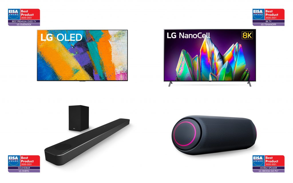 EISA 어워드를 수상한 제품 사진. 왼쪽 상단부터 시계방향으로 LG 올레드 갤러리 TV, LG 나노셀 8K TV, LG 엑스붐 고 스피커, LG 사운드 바.