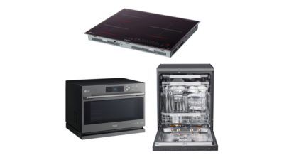 LG 디오스 주방가전 3총사인 디오스 인덕션 전기레인지, 디오스 식기세척기 스팀, 디오스 광파오븐(위쪽부터 시계방향으로)