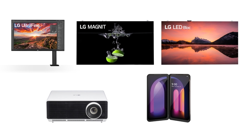 사진 왼쪽 상단부터 시계방향으로 어워드를 수상한 LG 울트라 HD 360 모니터, 마이크로LED 사이니지 LG 매그니트, LED 사이니지 LG LED 블록, LG V60 ThinQ 5G, 상업용 프로젝터 LG 프로빔 제품 사진.