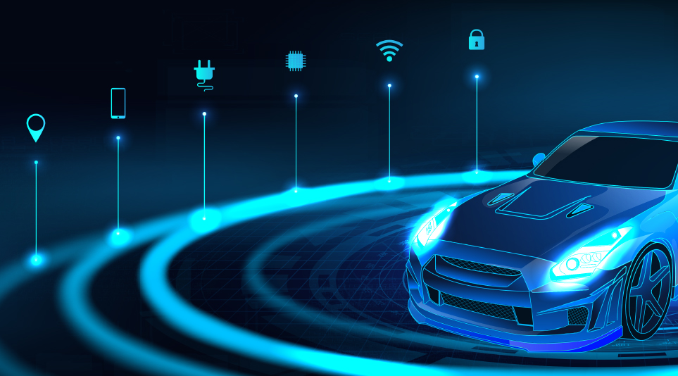핸드폰, 지도, 전기, 와이파이, 보안, AI 칩 등에 연결된 미래 자동차