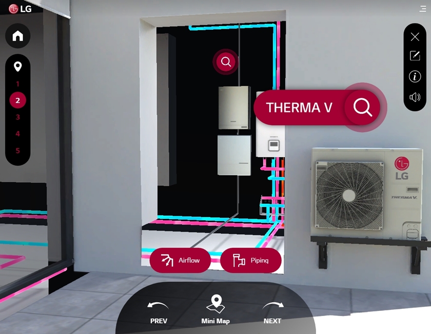  가상 쇼룸에 설치된 공기열원식 히트펌프 방식의 LG전자 '써마브이(Therma V)'