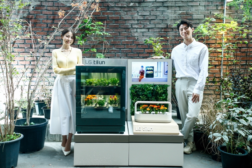 서울 성수동에 위치한 복합문화공간 ‘플라츠’에 15일부터 11월 초까지 운영하는 신개념 식물생활가전 ‘LG 틔운(LG tiiun)’ 팝업스토어인 ‘틔운 하우스(tiiun haus: life with green)’에서 모델들이 LG 틔운과 LG 틔운 미니를 체험하고 있다.
