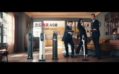 광고 속 비밀요원들이 신개념 청소기 거치대 올인원타워와 LG 코드제로 A9S를 소개하고 있다.