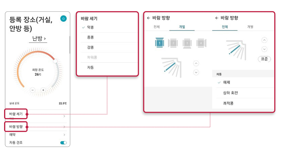 LG ThinQ 앱으로 이용하는 바람 세기/방향 선택 기능