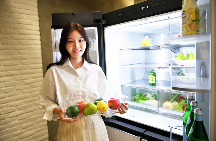 LG전자가 차별화된 고객 경험을 제공하는 원형(圓形) 얼음 ‘크래프트 아이스(Craft Ice)’ 기능을 갖춘 「LG 디오스 오브제컬렉션 냉장고」라인업을 강화한다. 모델이 투명하고 탈부착이 가능해 고객이 보다 편리하게 식품을 분리해서 보관할 수 있는 '신선플러스 트레이'를 소개하고 있다.