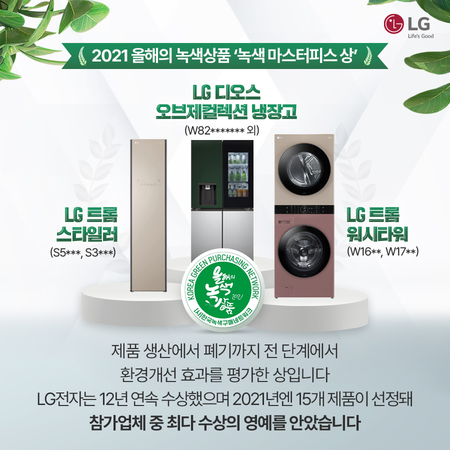 4 2021 올해의 녹색상품 '녹색마스터피스상' LG 디오스 오브제컬렉션 냉장고 (W82*******외) LG 트롬 스타일러 (S5***, S3***) KOREA GREENA ASING NETWORK 2022 LG 트롬 워시타워 (W16**, W17**) 네트워크 한국녹색구매네트 제품 생산에서 폐기까지 전 단계에서 환경개선 효과를 평가한상입니다 LG전자는 12년 연속 수상했으며 2021년엔 15개 제품이 선정돼 참가업체 중 최다 수상의 영예를 안았습니다