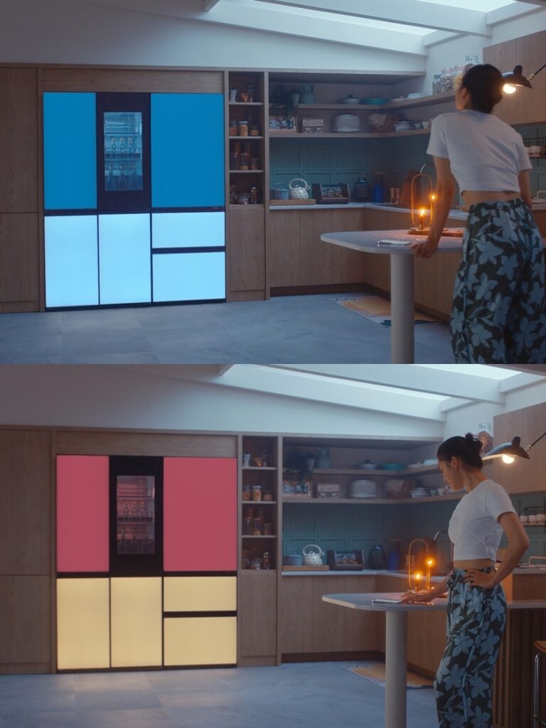 LG전자가 LG 씽큐(LG ThinQ) 앱에서 냉장고 색상을 변경해 분위기까지 업그레이드할 수 있는 신제품 ‘LG 디오스 오브제컬렉션 무드업’을 공개했다. 모델이 LG 씽큐 앱에서 터치만으로 냉장고 색상을 변경하고 있다.