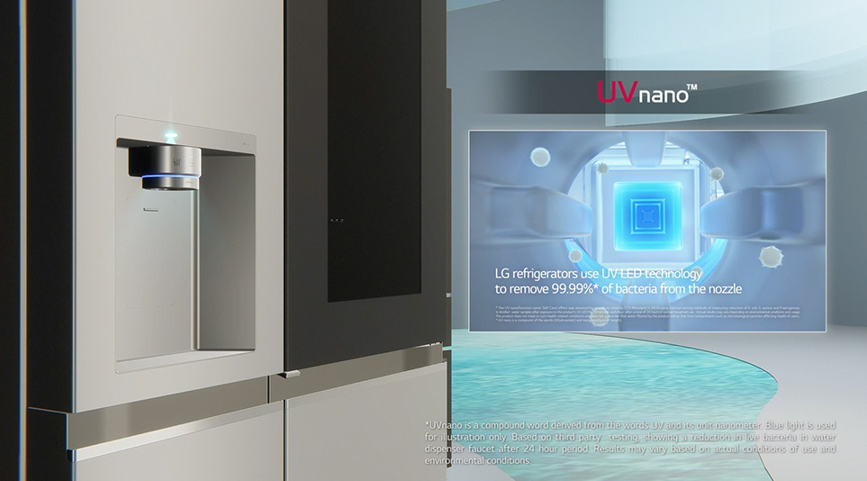 출수구를 살균하는 UV나노(UVnano) 기능이 탑재되어 있는 2021년형 인스타뷰 냉장고