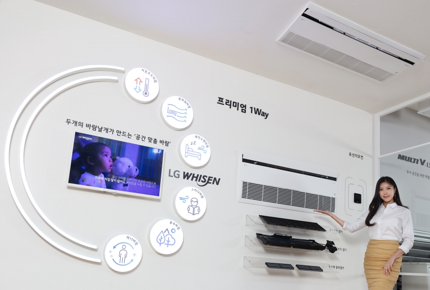 LG전자가 18일부터 21일까지 일산 킨텍스에서 열리는 한국국제냉난방공조전 '하프코 2022'에서 차별화된 고객경험을 제공하는 다양한 공간 맞춤형 공조솔루션을 선보인다. 모델이 6가지 공간맞춤바람을 제공하는 휘센 주거용 시스템 에어컨을 소개하고 있다.