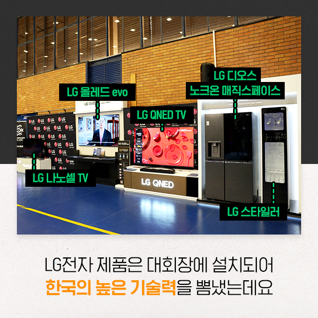 LG 나노셀TV LG 올레드 evo LG QNED LG 디오스 노크온 매직스페이스 LG스타일러 LG전자 제품은 대회장에 설치되어 한국의 높은 기술력을 뽐냈는데요