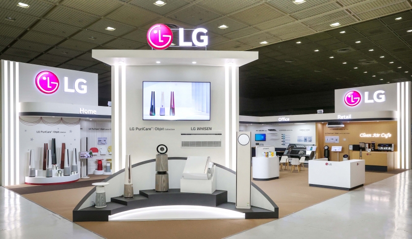 LG전자가 15일부터 17일까지 서울 삼성동 코엑스에서 열리는 국제 공기산업박람회 ‘에어페어(Air Fair) 2022’에 참가해 다양한 공간 맞춤형 공기청정 솔루션을 선보인다. LG전자 부스 전경 