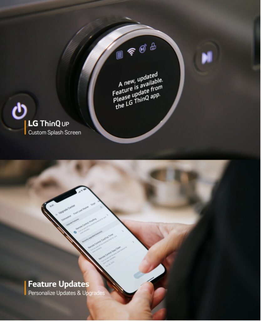 LG전자가 내년 초 미국을 시작으로 UP가전의 해외 브랜드 'ThinQ UP(씽큐 업)'을 선보인다. LG 세탁기에 업그레이드 기능을 추가할 수 있다는 알람이 뜬 모습(위) 고객이 LG 씽큐 앱의 업그레이드 센터에서 새로운 기능을 다운로드 받는 모습(아래)