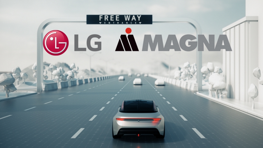 LG전자와 세계 최대 자동차 부품 기업 중 하나인 마그나 로고를 향해 달려가고 있는 도로 위의 미래차 디자인의 완성차