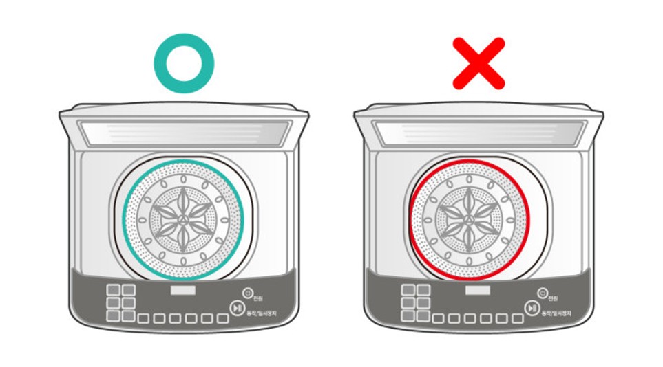 LG전자가 알려주는 세탁기 소음 줄이는 방법. 세탁기 수평이 잘 맞는 사례(왼)와 세탁기 수평이 잘 맞지 않고 한쪽으로 치우친 사례(오) 