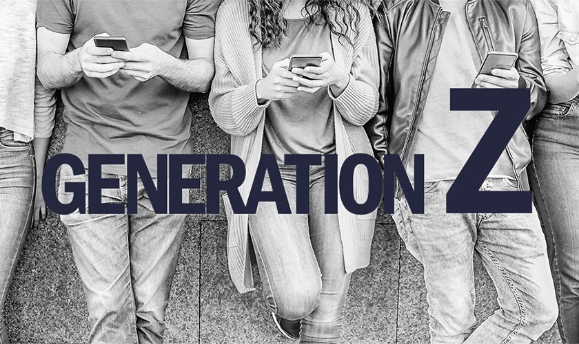 젊은남녀 그룹이 일렬로 서서 스마트폰을 사용하고 있는 모습이 흑백으로 표현되어 있다. 중앙에 크게 영문으로 GENERATION Z 라고 쓰여있다 