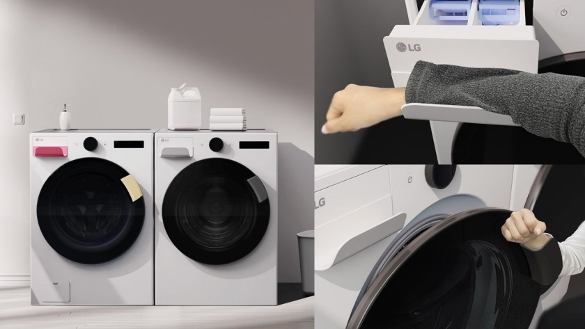 유니버설 업 키트(Universal UP Kit) 중 하나인 세탁기 ‘이지 핸들’과 이를 사용하는 모습