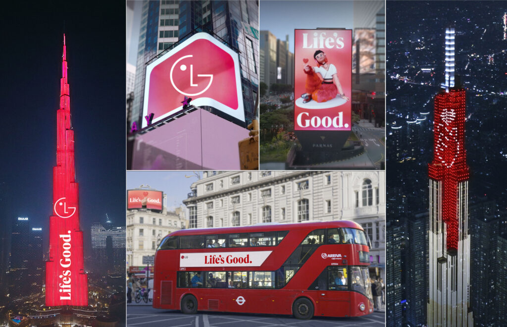 LG전자는 지난 22일부터 해외 주요 랜드마크와 국내외 주요 도시 옥외전광판에 브랜드 홍보 영상을 선보이며 ‘Life’s Good(라이프스굿)’ 글로벌 브랜드 캠페인을 시작했다. 사진(왼쪽부터 시계방향)은 두바이 부르즈 할리파, 뉴욕 타임스퀘어 옥외전광판, 서울 파르나스 미디어 타워, 호찌민 랜드마크81, 런던 피카딜리 광장과 빨간 2층 버스에서 신규 비주얼 아이덴티티가 적용된 브랜드 홍보 영상, 슬로건을 노출하고 있는 모습.