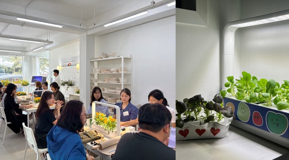LG전자 틔운 공식 카페의 첫 정모에 참여한 회원들(왼)과 회원들이 직접 만든 세라믹 화분(오)