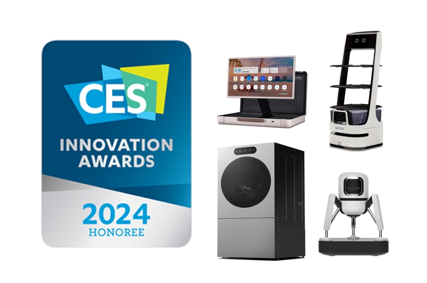 (좌측 상단부터 시계방향으로) 'CES 2024 혁신상'을 수상한 LG 스탠바이미 Go, LG 클로이 서브봇, 신개념 커피머신 듀오보, LG 시그니처 세탁건조기