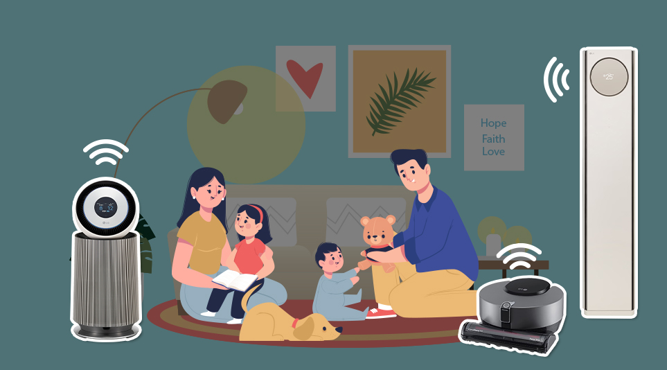 스마트홈 솔루션을 통한 가사 노동 해방으로 여유로운 여가시간을 보내는 가족들의 모습