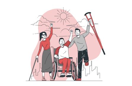 왼쪽부터 시각 장애인 여성, 휠체어를 탄 남성, 목발을 짚은 남성이 하늘을 향해 손을 뻗고 있다
