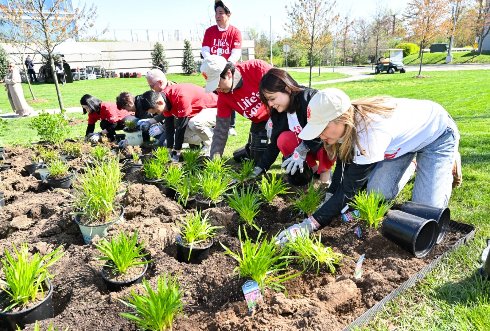 '라이프스굿 지구의 날 기념 행사'에 참여한 LG전자 임직원들이 ‘폴리네이터 정원’에서 식물을 심고 있다. 