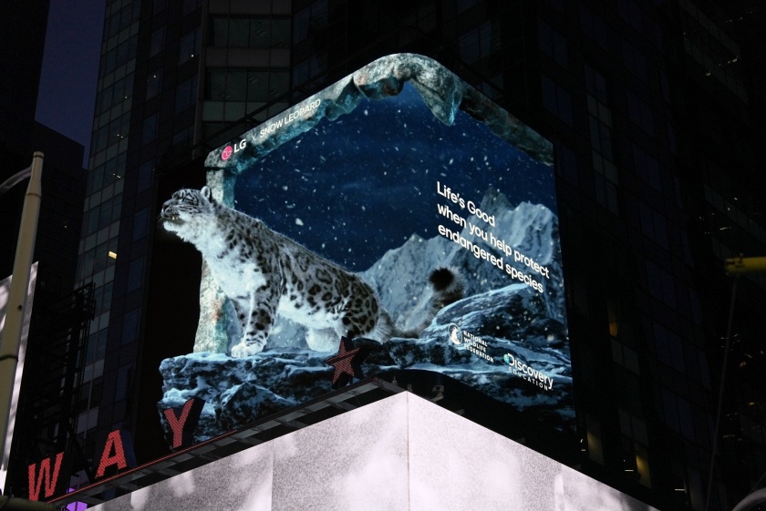 뉴욕 타임스스퀘어 전광판에서 ‘LG와 함께하는 위기 동물 보호 캠페인' 영상을 상영한다.