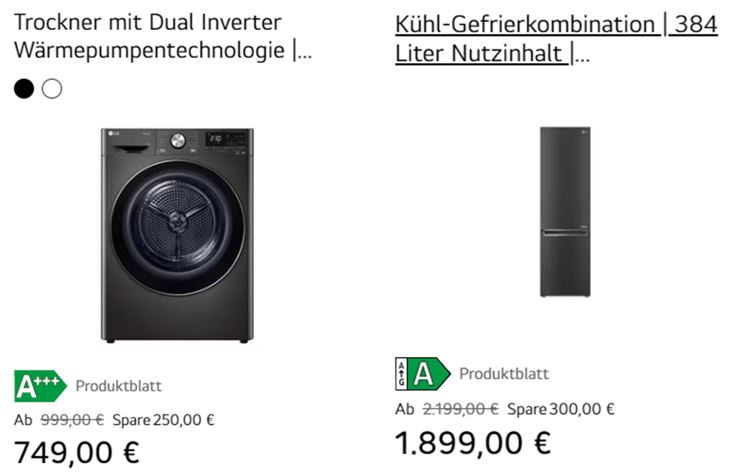독일 현지 온라인몰에서 할인 판매중인 LG전자의 A등급 H&A 제품