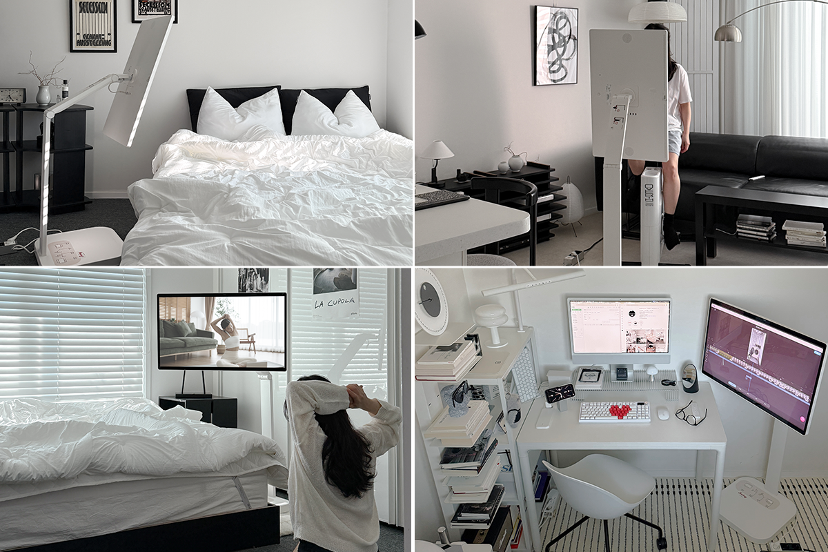 네 장면이 합쳐진 이미지다. 위쪽 왼쪽은 침대 옆에 모니터가 놓인 침실, 위쪽 오른쪽은 검정 소파와 모니터, 아래쪽 왼쪽은 침대 앞에서 스트레칭하는 사람과 모니터, 아래쪽 오른쪽은 책상 옆 보조 모니터로 작업하는 모습이다.
