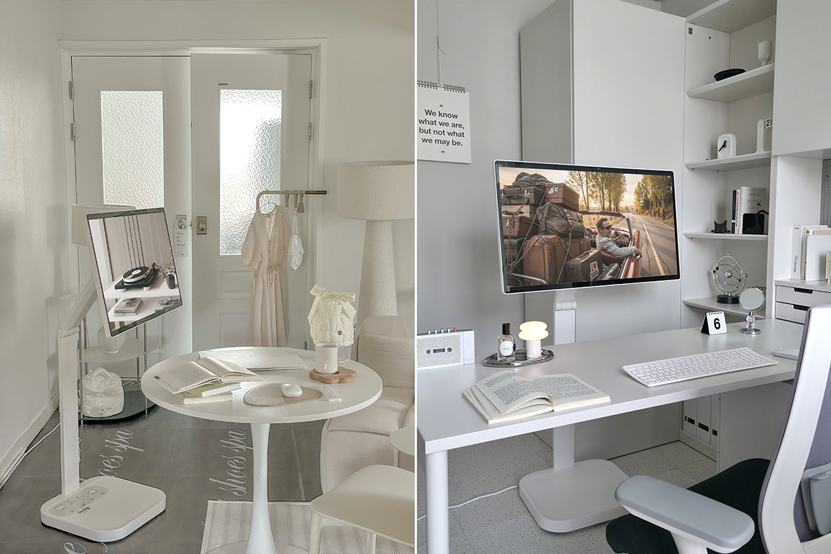밝은 톤의 거실과 홈오피스 장면이 나란히 보이는 이미지다. 왼쪽은 하얀 벽과 문, 원형 테이블 위에 책과 마우스가 놓여 있고, 앞에는 이동식 모니터가 배치되어 있다. 오른쪽은 책상 위에 책과 키보드, 모니터가 있으며 화면에는 여행 중인 인물이 보인다.