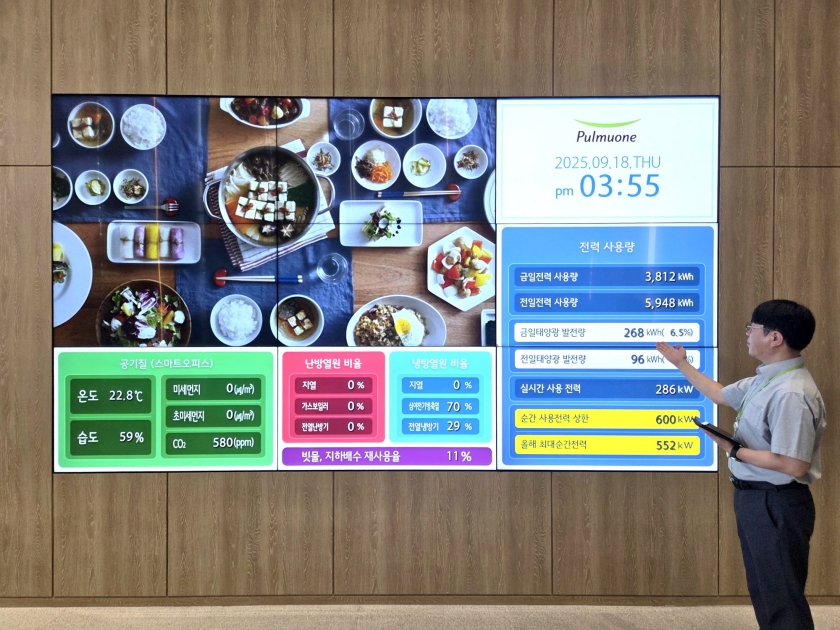 LG전자 BEMS_풀무원기술원: 풀무원기술원 담당자가 기술원 로비에 설치된 에너지 사용 현황판을 소개하고 있다.