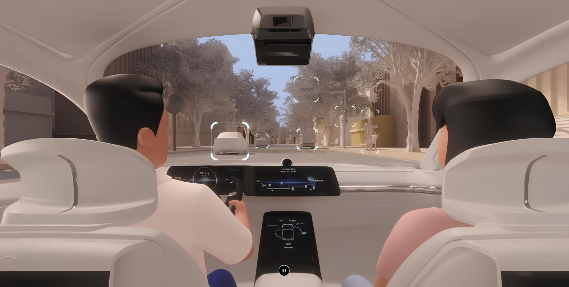 자동차 내부에서 앞좌석에 두 명의 사람이 앉아 있으며, 운전석에는 남성, 조수석에는 여성이 있다. 차량 전면 유리창 너머로 도로와 나무가 보이고, 차량의 헤드업 디스플레이에 앞차와 주변 사물을 인식하는 네모난 표시들이 떠 있다. 운전석 계기판과 중앙 디스플레이에도 주행 속도와 차량 상태 정보가 표시되어 있어 자율주행 혹은 운전자 보조 시스템이 활성화된 상황을 묘사한다.