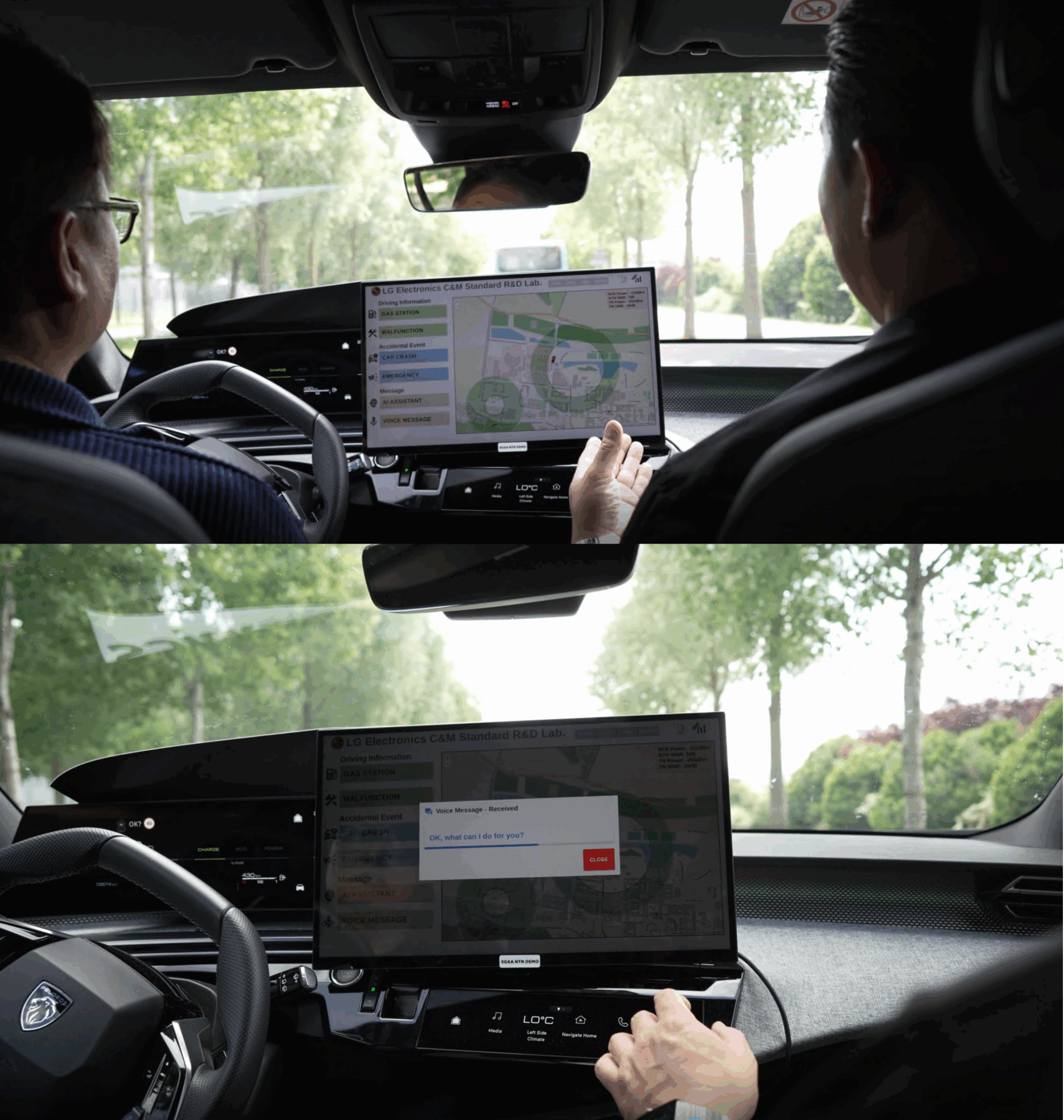 두 사람이 자동차 앞좌석에 앉아 있다. 운전석 앞에는 큰 내비게이션 화면이 설치되어 있으며, LG전자의 연구소 이름과 지도 화면이 보인다. 화면에는 도로 상황, 사고 이벤트, 긴급 메시지 등 차량 관련 정보를 표시하는 메뉴가 있다. 두 번째 장면에서는 화면에 "Voice Message - Received / OK, what can I do for you?"라는 음성 메시지 알림 창이 떠 있다. 운전자는 화면을 바라보며 한 손을 화면 근처에 두고 있다.