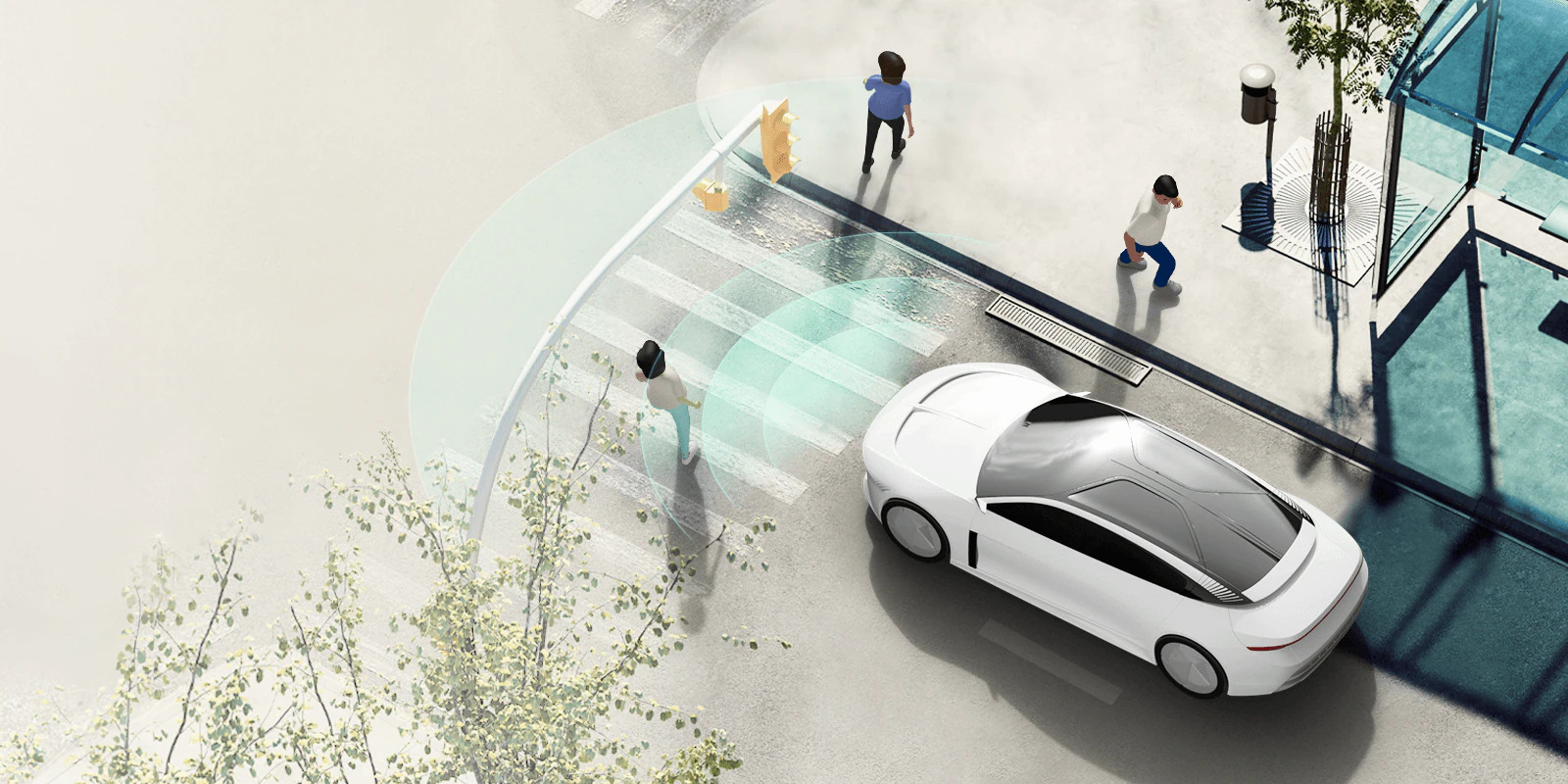 하얀색 자율주행 차량이 횡단보도 앞에 정차해 있으며, 보행자들이 횡단보도를 건너고 있다. 차량 전방에는 반투명한 초록빛 원형 센서 파동이 퍼져 나가면서 보행자를 감지하는 장면이 표현되어 있다. 주변에는 신호등, 가로수, 유리 대중교통 정류장이 있으며, 차량이 보행자를 인식하고 안전하게 멈추는 상황을 시각적으로 보여준다.