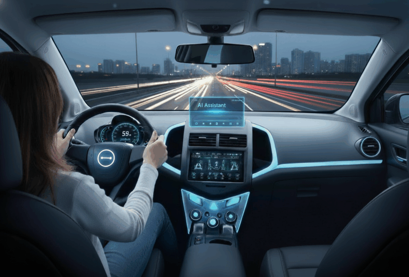 운전자가 야간 고속도로를 주행하며 차량 중앙 디스플레이와 전면 유리 위 증강현실(AR) 형태의 ‘AI Assistant’ 인터페이스를 보고 있다. 주행 정보, 내비게이션, 속도계 등이 디지털 화면에 표시되며 도시의 불빛이 전면 창을 통해 흐른다. 차량 내부는 푸른색 조명으로 미래적인 분위기를 자아낸다.