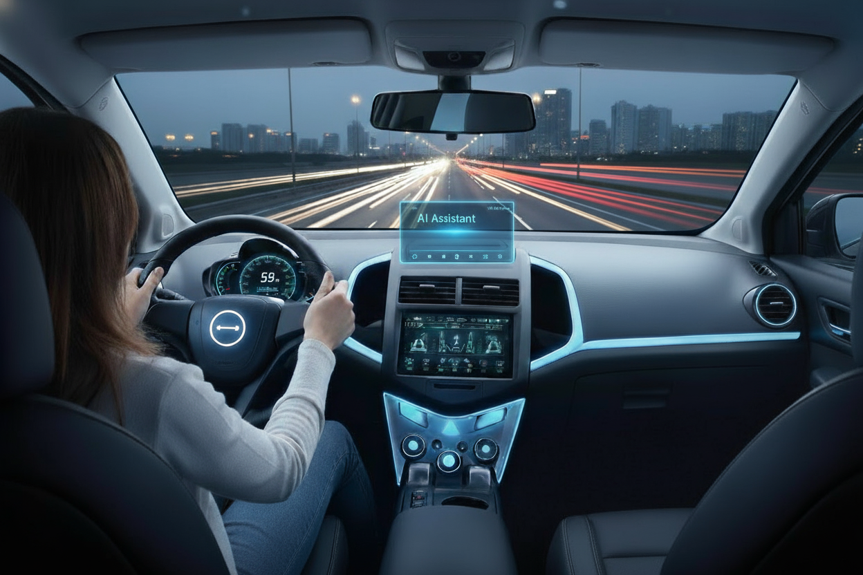 운전자가 야간 고속도로를 주행하며 차량 중앙 디스플레이와 전면 유리 위 증강현실(AR) 형태의 ‘AI Assistant’ 인터페이스를 보고 있다. 주행 정보, 내비게이션, 속도계 등이 디지털 화면에 표시되며 도시의 불빛이 전면 창을 통해 흐른다. 차량 내부는 푸른색 조명으로 미래적인 분위기를 자아낸다.