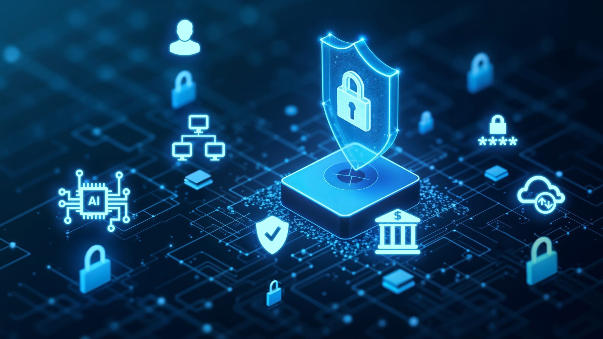 파란빛의 디지털 그래픽 이미지로, 중앙에는 자물쇠가 그려진 방패 아이콘이 빛나는 플랫폼 위에 떠 있다.
방패 주위로 AI 칩셋, 사람 아이콘, 서버 네트워크, 구름 모양의 클라우드, 은행 아이콘, 체크 방패, 비밀번호 별표 등의 아이콘이 연결된 회로처럼 배치되어 있다.
전체적으로 데이터 보호, 인공지능, 네트워크 보안, 금융 보안을 상징하며, 사이버 보안의 첨단 이미지를 강조한다.