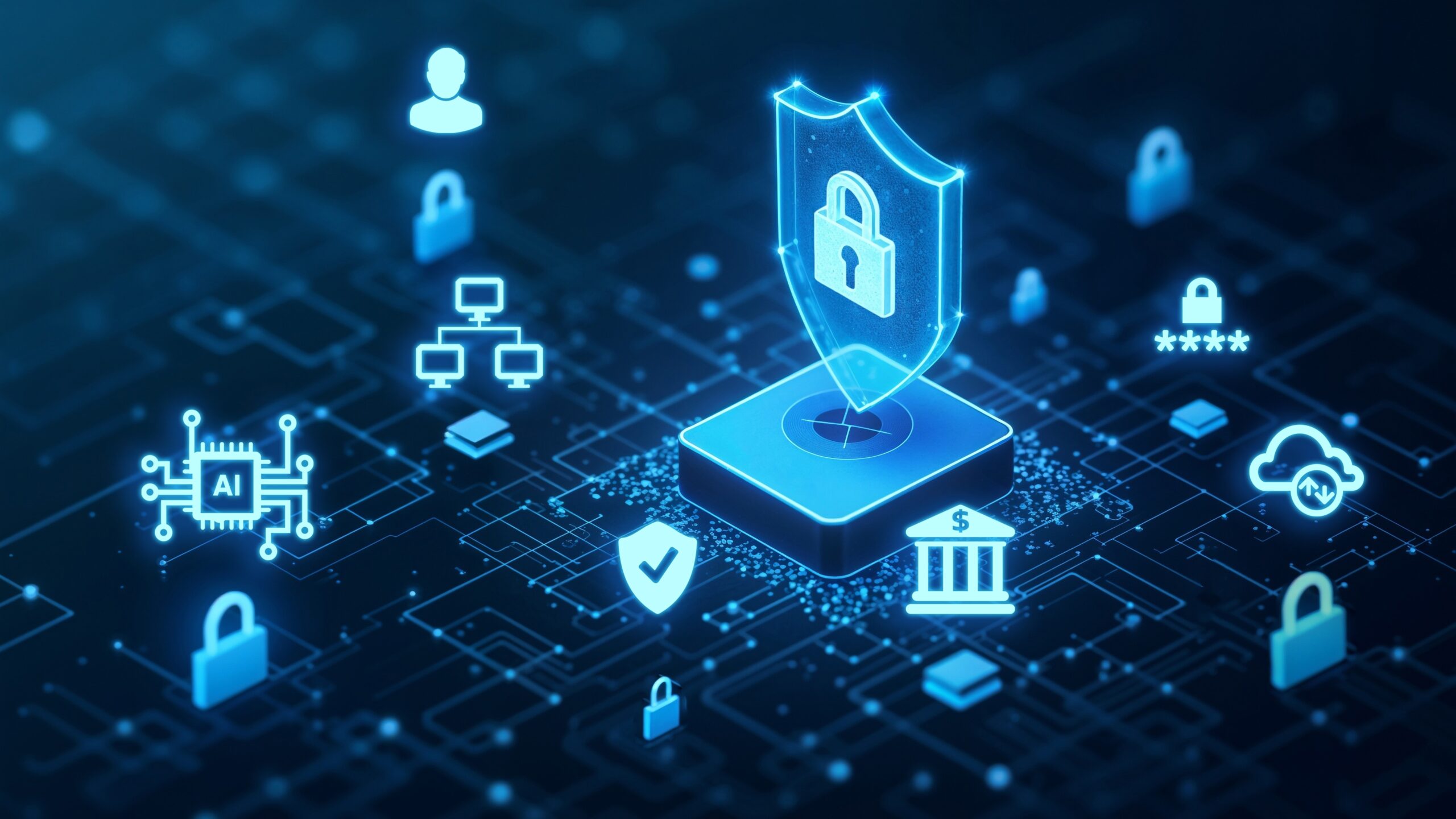 파란빛의 디지털 그래픽 이미지로, 중앙에는 자물쇠가 그려진 방패 아이콘이 빛나는 플랫폼 위에 떠 있다. 방패 주위로 AI 칩셋, 사람 아이콘, 서버 네트워크, 구름 모양의 클라우드, 은행 아이콘, 체크 방패, 비밀번호 별표 등의 아이콘이 연결된 회로처럼 배치되어 있다. 전체적으로 데이터 보호, 인공지능, 네트워크 보안, 금융 보안을 상징하며, 사이버 보안의 첨단 이미지를 강조한다.