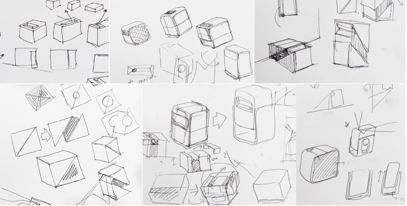 여러 장의 종이에 시네빔 디자인을 구상한 초기 손스케치가 가득 그려져 있으며, 각기 다른 형태의 큐브형·곡면형·기울어진 형태 등이 펜으로 자유롭게 표현되어 있다. 스피커 구멍, 렌즈 위치, 접힘 구조, 회전 및 슬라이드 아이디어 등 제품 기능과 형태를 탐색하는 다양한 도식이 포함되어 있다. 일부 스케치 옆에는 작은 화살표나 메모 표시가 보이며, 전체적으로 제품 형태 연구 과정을 기록한 러프 콘셉트 드로잉으로 구성되어 있다.