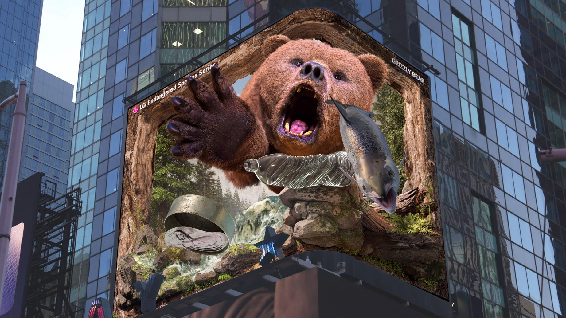 LG전자는 미국 뉴욕 타임스스퀘어 전광판에서 '불곰'을 주제로 한 8번째 ‘LG와 함께하는 위기 동물 보호 캠페인’ 영상을 공개했다. 이번 영상은 이상기후 등으로 서식지를 위협받는 '불곰'의 모습을 3D로 보여주며 환경 파괴의 심각성을 알린다.