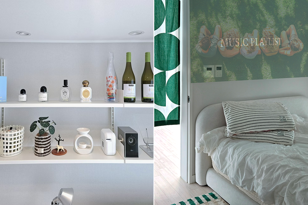 왼쪽 장면에는 다양한 향수와 장식품이 놓인 화이트 선반 위에 금속 프레임 디자인의 시네빔 큐브가 배치되어 있다. 오른쪽 장면에서는 시네빔 큐브가 벽에 잔디 위에 사람들이 모여 있는 장면을 투사하고 있으며 화면 중앙에 MUSIC PLAYLIST라는 텍스트가 보인다. 침대와 줄무늬 베개, 초록색 패턴 러그, 녹색 패브릭 커튼이 함께 어우러져 편안한 침실 분위기를 만든다.