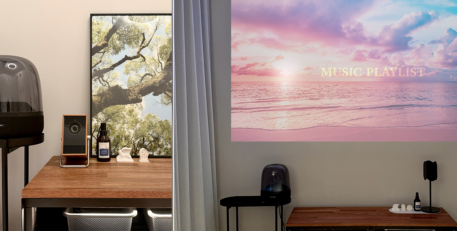 왼쪽 장면에는 나무 책상 위에 시네빔이 놓여 있고, 옆에는 향 제품과 작은 장식물, 그리고 나무가 찍힌 큰 액자가 세워져 있다. 오른쪽 장면에서는 벽에 핑크빛 바다와 노을 장면이 투사되어 있으며 화면 중앙에 MUSIC PLAYLIST라는 텍스트가 보인다. 책상 위 소품들과 어두운 조명, 커튼, 스피커 등이 어우러져 차분한 분위기의 실내 공간이 연출돼 있다.