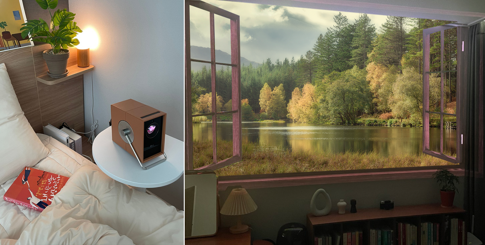 왼쪽 장면에서는 침실 침대 옆 작은 원형 테이블 위에 시네빔 큐브가 놓여 있고, 주변에는 따뜻하게 켜진 탁상등과 화분, 그리고 침대 위에는 ‘오늘도 무사히…’라는 한글 텍스트가 보이는 붉은색 책이 놓여 있다. 오른쪽 장면에서는 시네빔 큐브가 벽에 숲과 호수가 보이는 풍경을 창문처럼 투사해 실내 공간을 자연 풍경과 이어진 듯한 분위기로 만든다. 아래에는 램프, 장식품, 책장이 배치된 아늑한 방 내부가 함께 보인다.