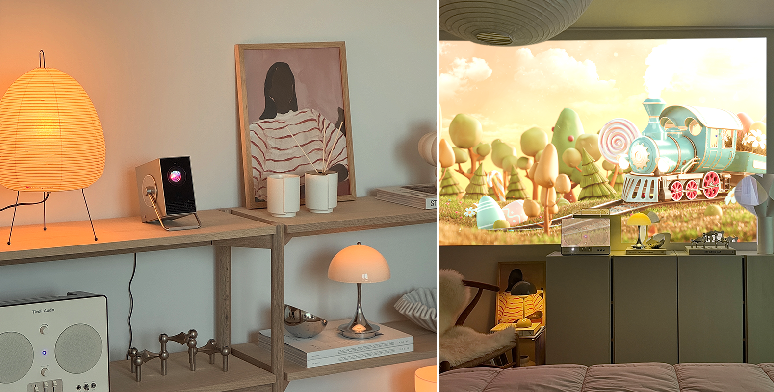 왼쪽 장면에서는 따뜻한 조명이 켜진 종이 램프와 여러 소품들이 놓인 원목 선반 위에 시네빔 큐브가 배치되어 있고, 뒤에는 붉은 줄무늬 옷을 입은 인물 그림이 세워져 있다. 오른쪽 장면에서는 시네빔 큐브가 벽에 밝고 아기자기한 기차와 사탕 숲이 등장하는 애니메이션 장면을 크게 투사하고 있다. 아래쪽에는 다양한 조명과 오디오 장비, 장식품이 놓여 있어 아늑하고 감각적인 실내 분위기를 연출한다.