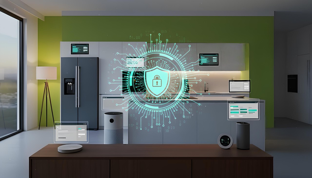 스마트홈 기기 전반에 요구되는 보안 보호 체계를 시각적으로 표현한 이미지