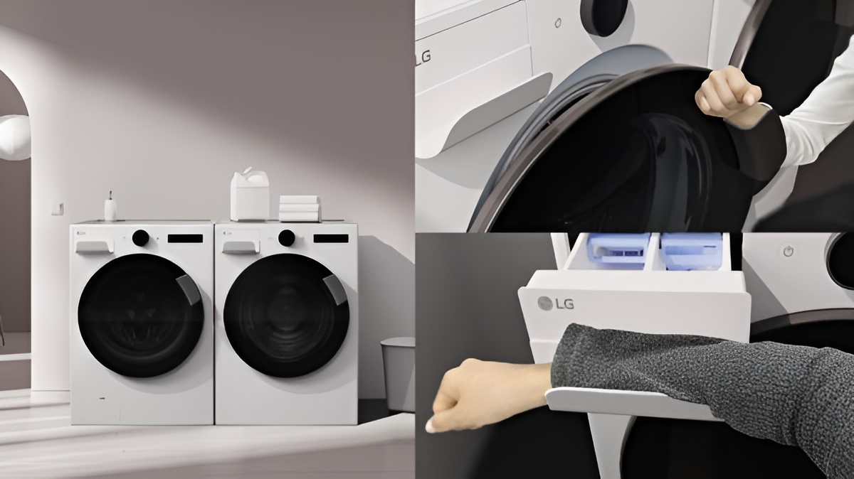밝고 미니멀한 공간에 놓인 흰색 전면 도어 세탁기와 건조기가 보이며, 오른쪽에는 사용자가 도어를 여는 모습과 세제 투입구를 열어 팔을 넣는 장면이 함께 배치되어 있다.